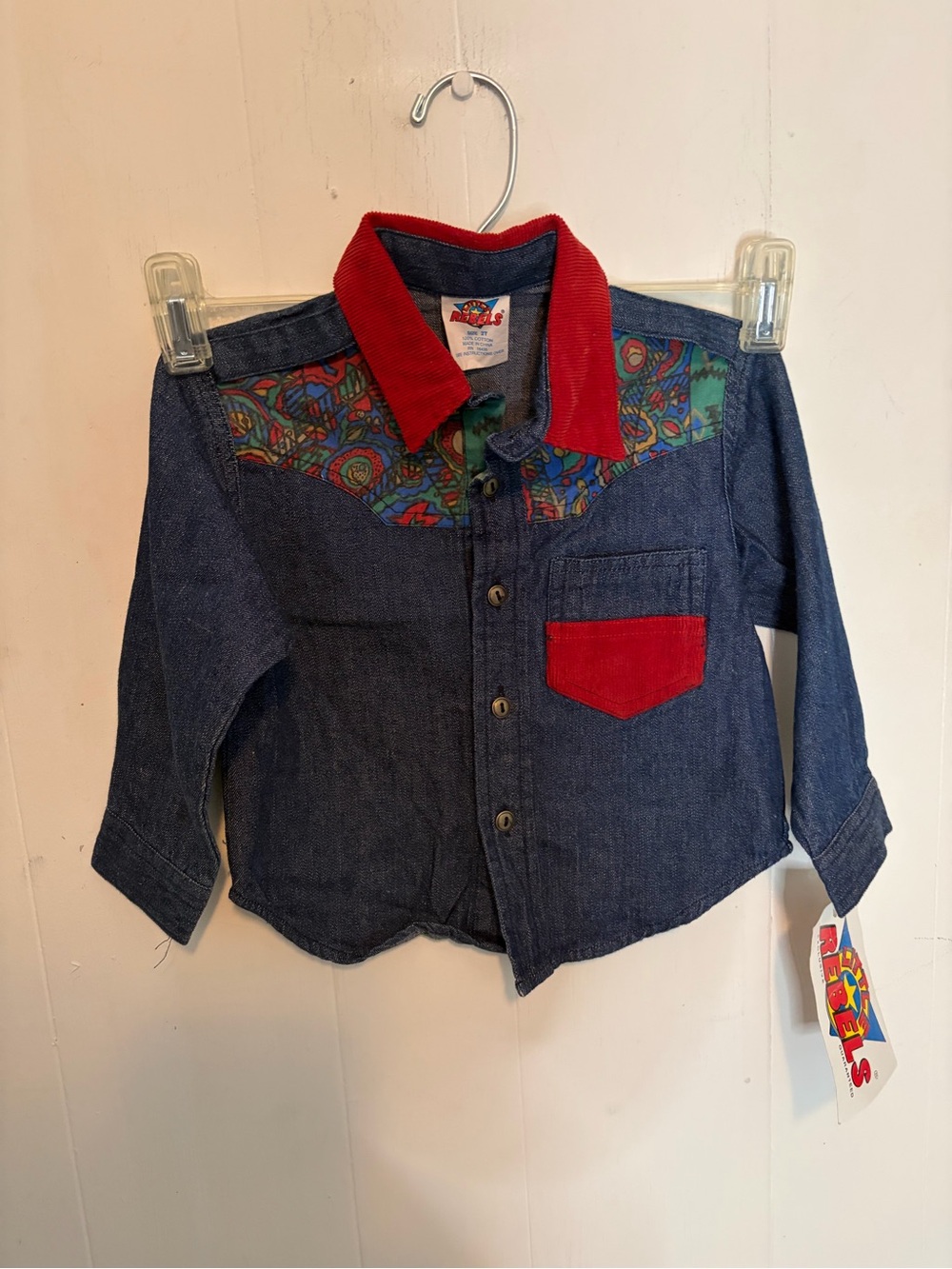 Kids Denim western set with long sleeve button down and corduroy suspender pants